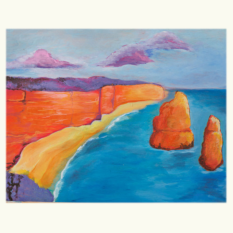 Painting-water-cliffs-sky-blue-orange-colour-palette