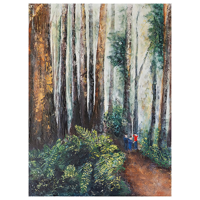 Painting of old enormous tree forest with three tiny people.
