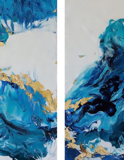 Abstract painting of blue swirls with gold highlights