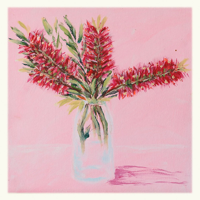 Painting with red bottle brush on a pink background