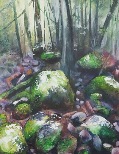Painting green forest, light shining through trees on rocks