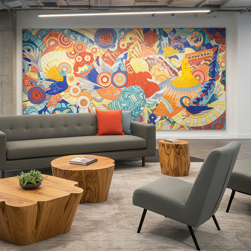 Modern office lounge area with colorful mural and contemporary furniture