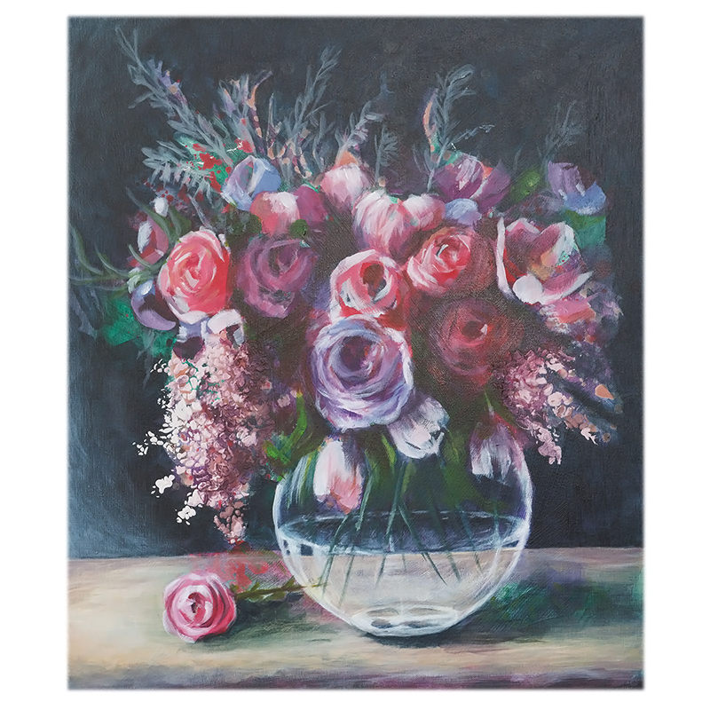 Moody painting of pink and purple roses in a glass vase on dark background.