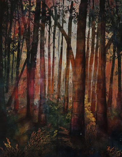 Dark mood painting with Sun Drenched Tree Trunks