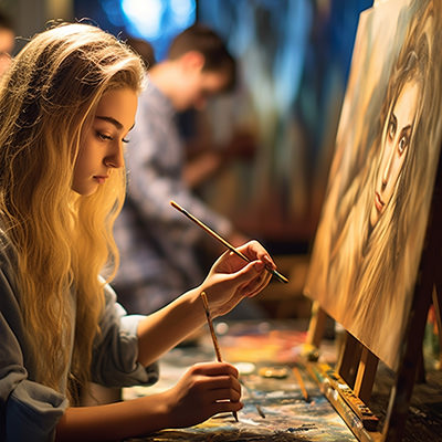 girl student learns to paint pictures at art collegev