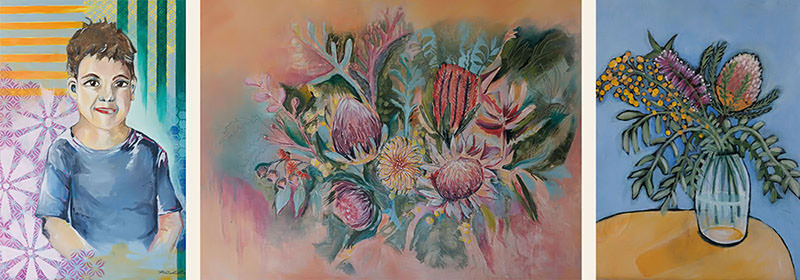 Three paintings in a row - boy portrait, and two with australian botanical flowers